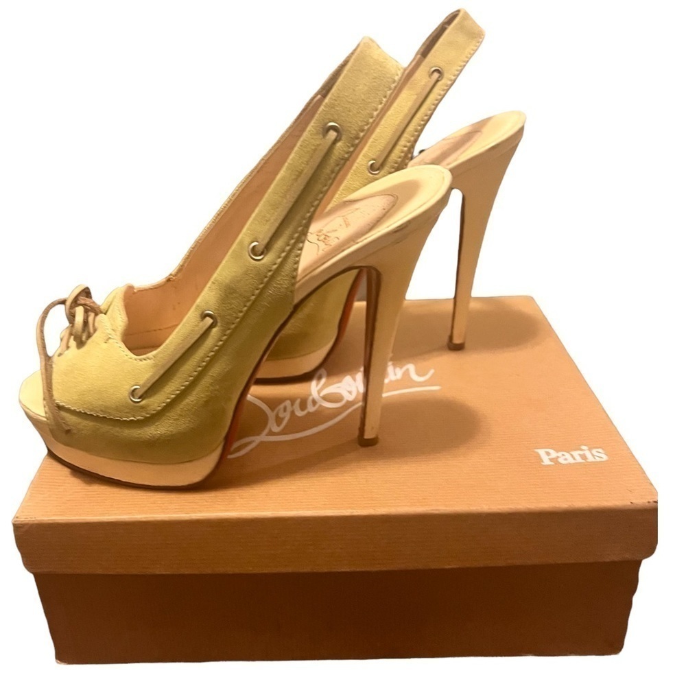 Barely worn Louboutin Jefferson Plato 140 suede/cervo heel toe in yellow sz. 38‌ - Picture 8 of 13